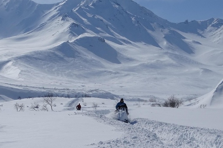 Snowmobilers riding powder in mountain country near Three Peaks Lodge